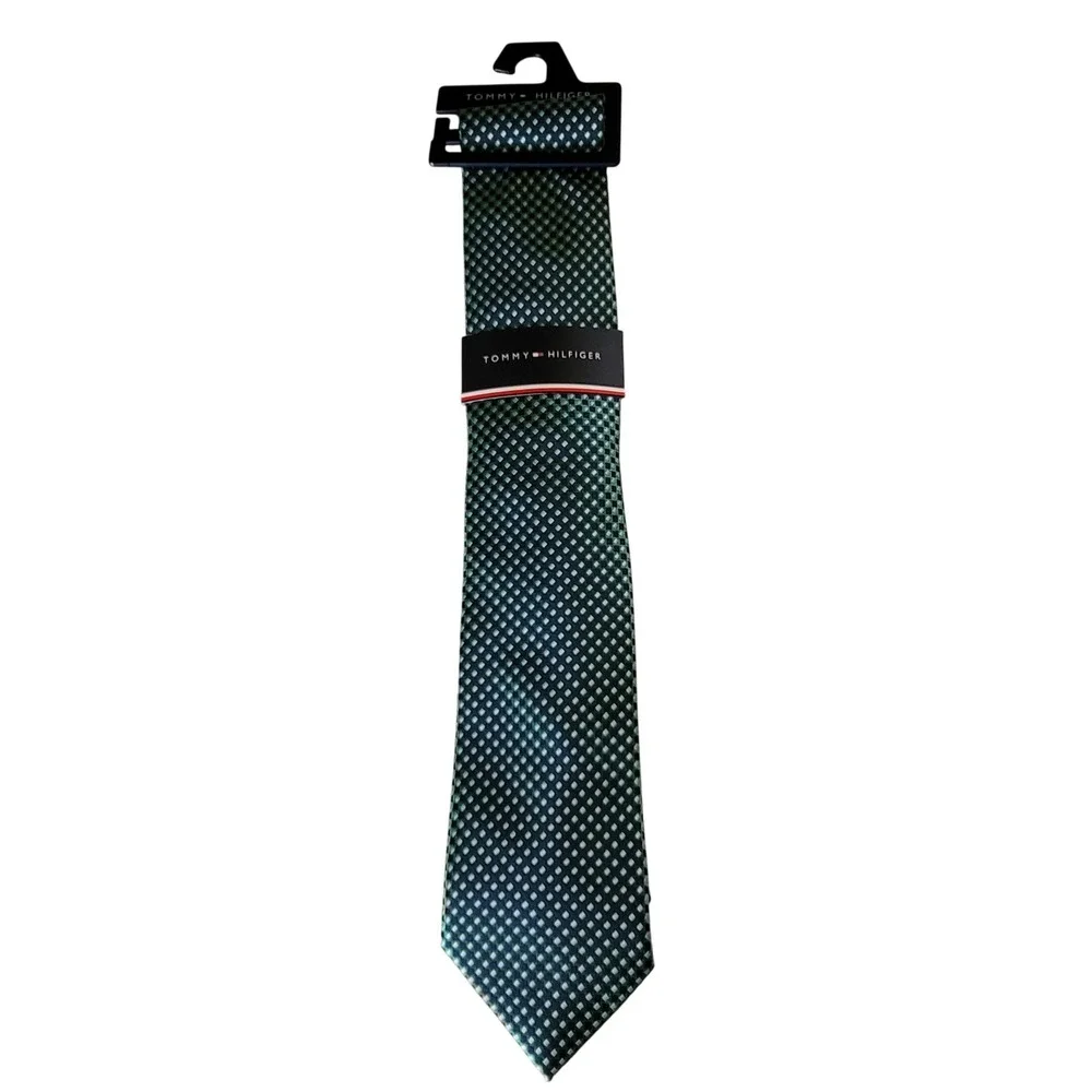NWT Tommy Hilfiger Necktie Mens Green Navy Blue Silver Geometric‎ Micro Diamond